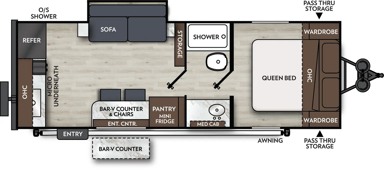 The Apex Nano 216RKS floorplan has one entry and one slide out. Exterior features include: fiberglass exterior. Interiors features include: rear kitchen, front bedroom and pass through bathroom.